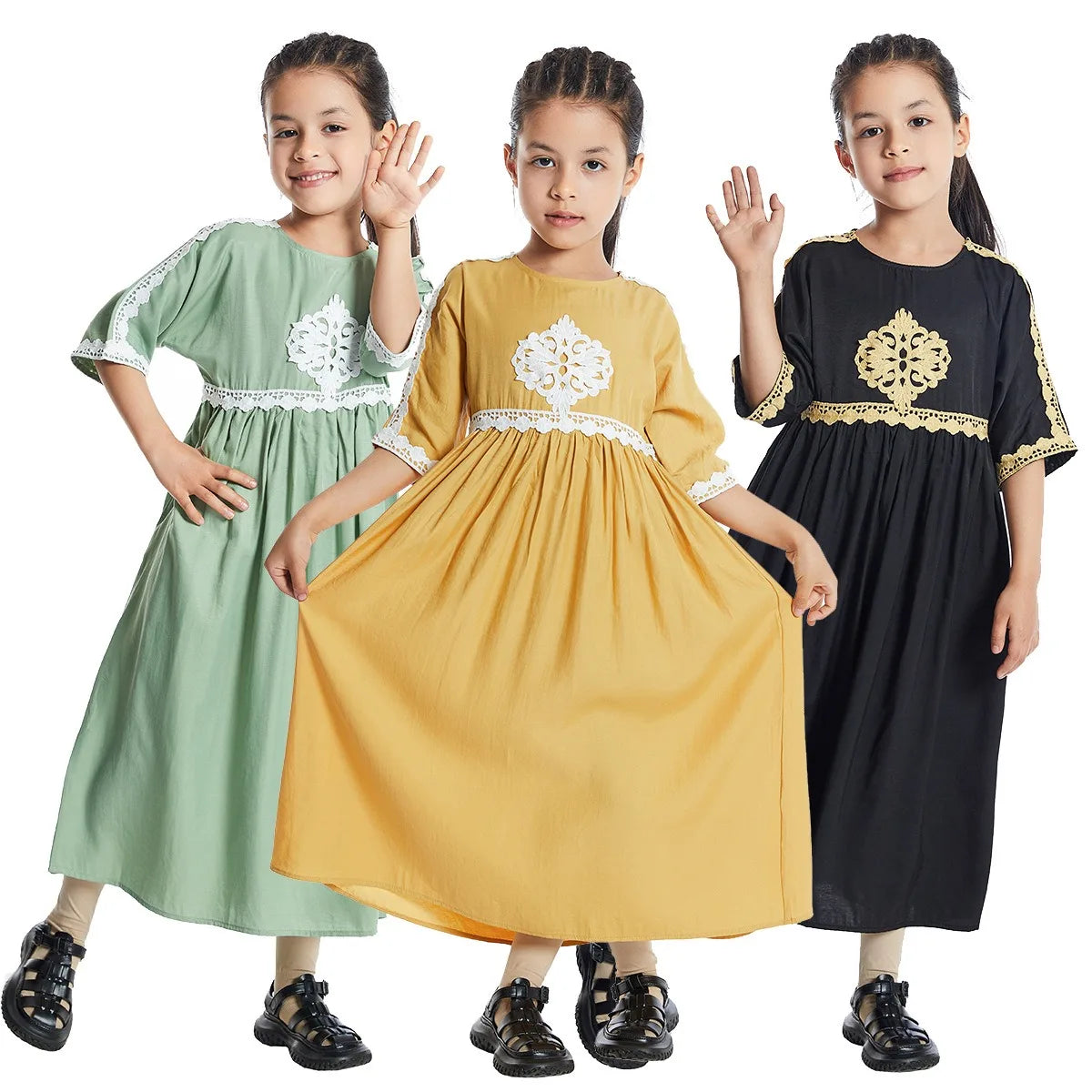Modest Malaysia Muslim Children Girl Kids Dress Abaya Short Sleeve Long Skirt Islamic Clothing Jalabiya Robe for Girls C0029