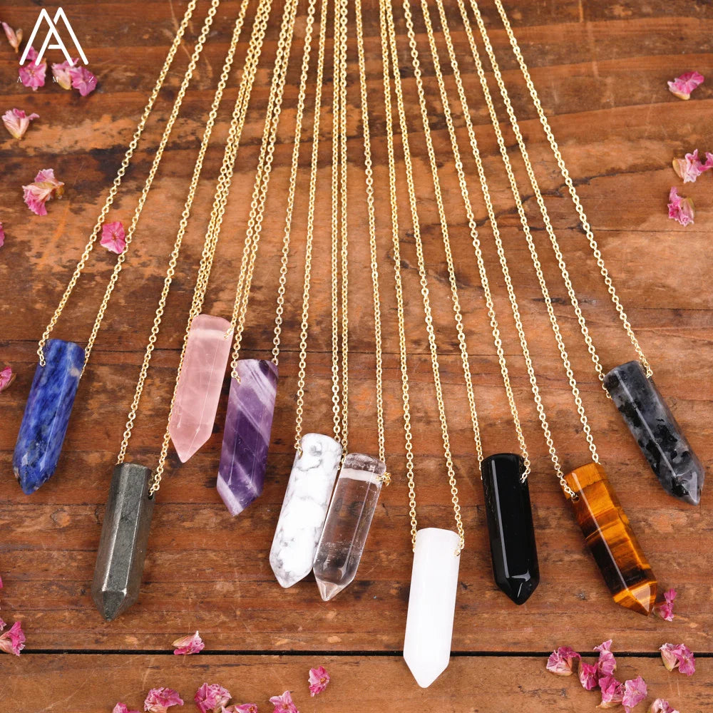 Crystal Pointed Necklace for Women Healing Chakra Chain with Natural Real Gemstone Bullet Shape Beads Gold Plated Jewelry