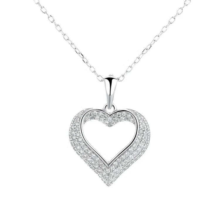 Sterling Silver 925 Heart Pendant Necklace with Shiny Micro Stones Jewelry for Women