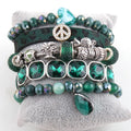 Women Bohemian Jewelry 5pc Green Square Real Horse Peace Bracelet  Natural Stone Crystal Glass Beads Stack Bracelet Set