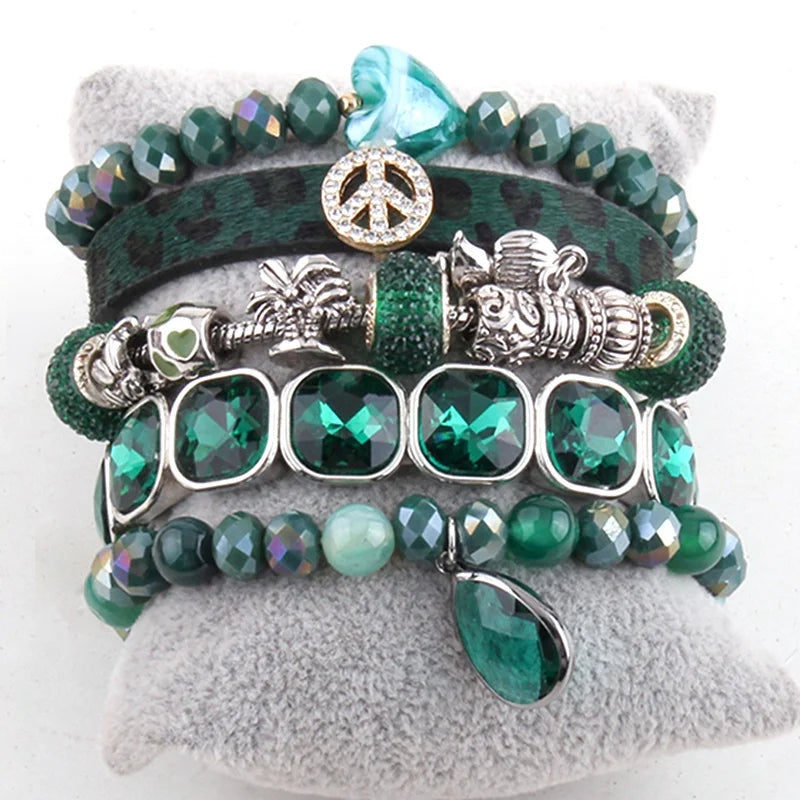 Women Bohemian Jewelry 5pc Green Square Real Horse Peace Bracelet  Natural Stone Crystal Glass Beads Stack Bracelet Set