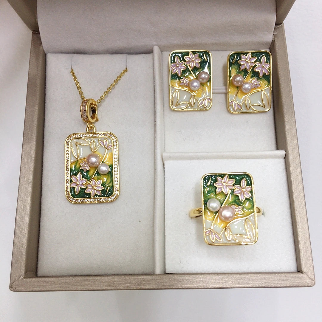 Universal Buckle Oil Painting Style Natural Freshwater Pearl Necklace Ring Earrings Jewelry Set