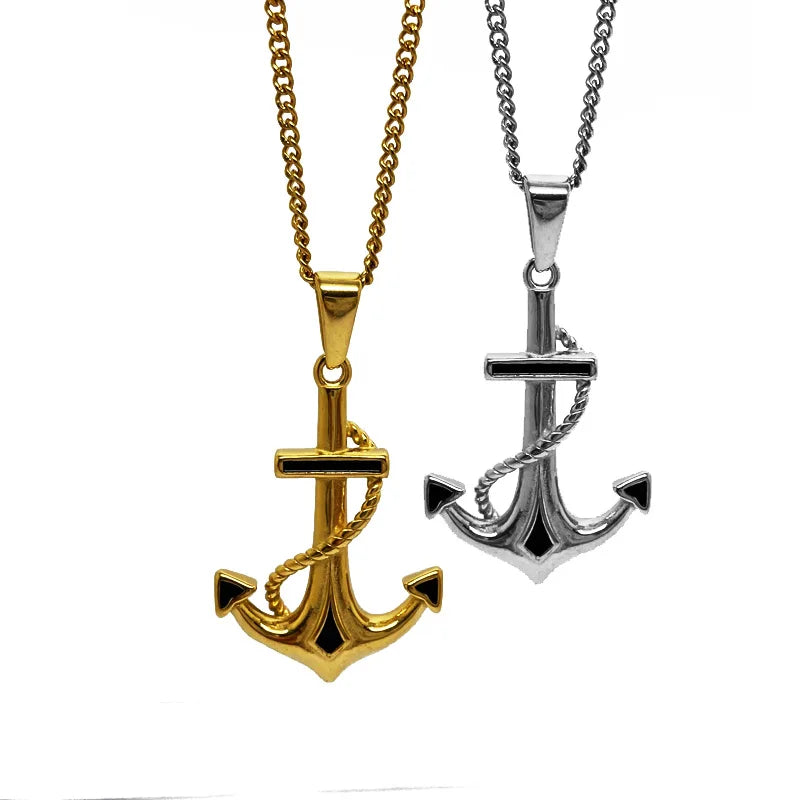Stainless Steel 18k Gold Men's Nautical Accessories Jewelry Fashion Hophops Black Enamel Ship Anchor Pendant Necklace
