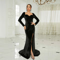 Wholesale Evening Dresses Luxurious Velvet Long Sleeve Black Square Neck Split Formal Prom Dresses With Tailing