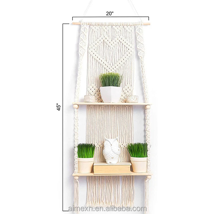 Hot Sale Boho Style Double Layer Wood Shelf Macrame Rope Woven Floating Wall Mount Tapestry Tassel for Home Wedding Decorations