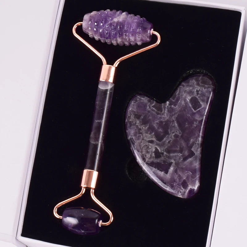 New Design Anti Aging Natural Rose Quartz/amethyst Sawtooth Spiky Skin Care Double Big Head Facial Roller Jade