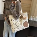 Cute Bear Design Women's Canvas Shoulder Bags Versatile Commuter Ladies Tote Large Capacity Students Girls Handbags with Doll