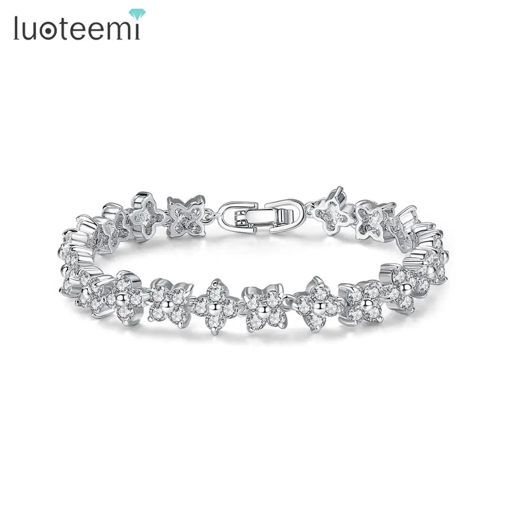 LUOTEEMI White Rhodium Gold Plated Four Leaves CZ Flower Cubic Zirconia Trendy Connected Women Bride Bracelet