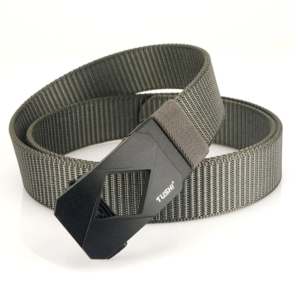 TUSHI Men's Business Casual Outdoor Nylon Sports Canvas Adjustable Metal Auto Lock Buckle Alloy Waist Belt 3.4CM Width 120CM