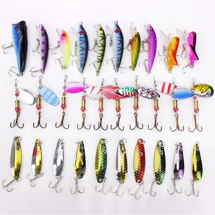 WEIHE 30 Pieces Artificial Fishing Bait Sequins Metal Vib and Spoon Pencil Popper Minnow Lure Kit for Freshwater Fish River Use
