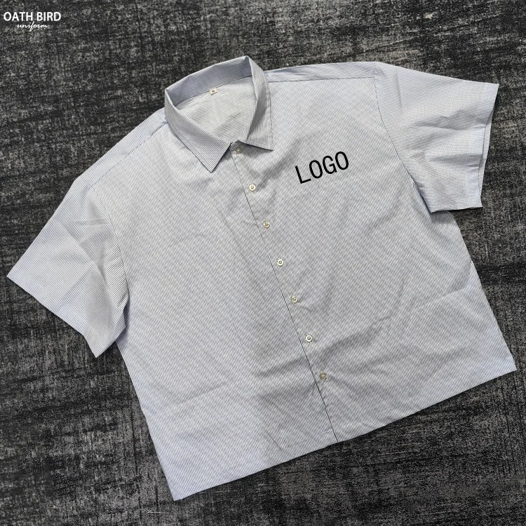 Wholesale Custom Cotton Casual Shirt Stand-up Collar Short Sleeve Men's Shirts Boxy Cropped Stripe Casual Shirts for Men