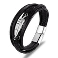 New Multi-Layer Braided Genuine Leather Bangle Men's Leather Bracelet Stainless Steel Feather With Magnetic Clasp