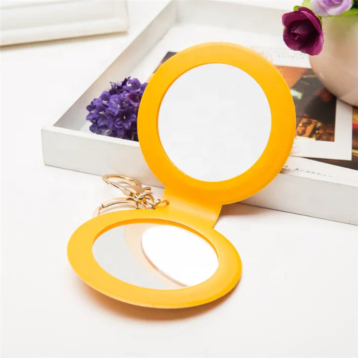 Custom Logo PU Double Make up Decorative Mirror Keychain with Pompom for Girl
