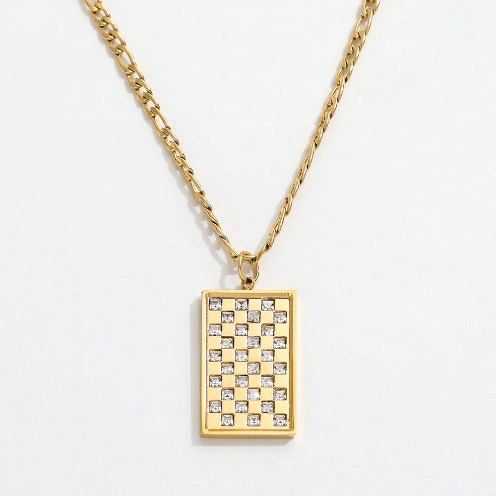 Joolim 18k Gold Plated Rectangle Pendant Plaid Square Zirconia Pave Necklace Stainless Steel Wholesale Jewelry