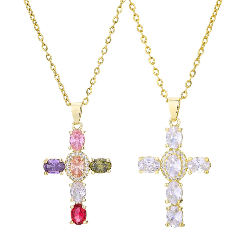 Hot Selling Cross Pendant Necklace Women Gold Zircon Lovers Rhinestone Crystal Stone Pendant Necklace