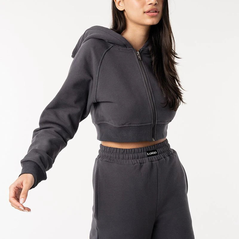 L230590 Sportswear Custom Sweatpants and Crop Top Hoodie Set for Women Causal Fleece 2 Piece Tracksuit Women Cotton 2pcs Set