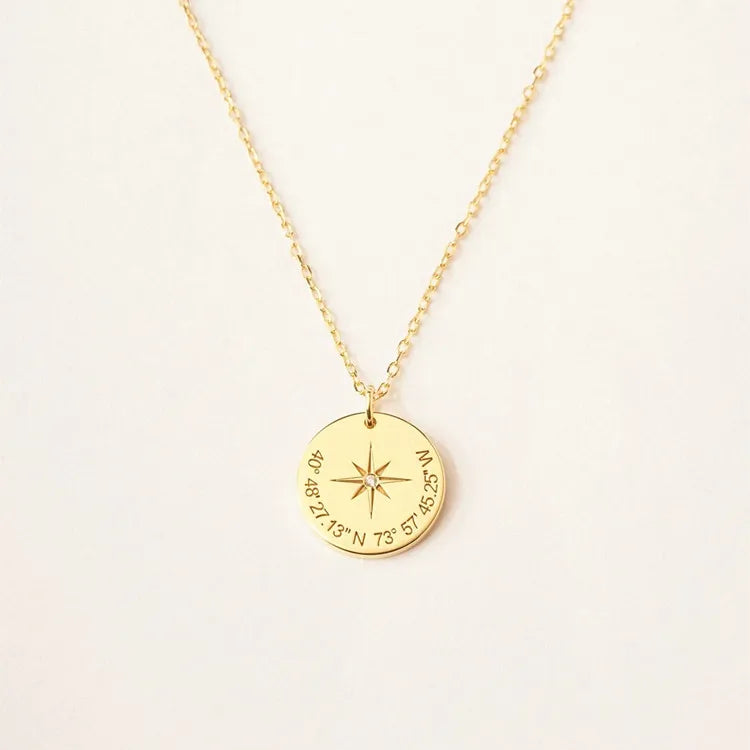 Memorial Jewelry Personalized Gold Plated 925 Sterling Silver Letter Initial Engrave Compass Necklace with Birthstone
