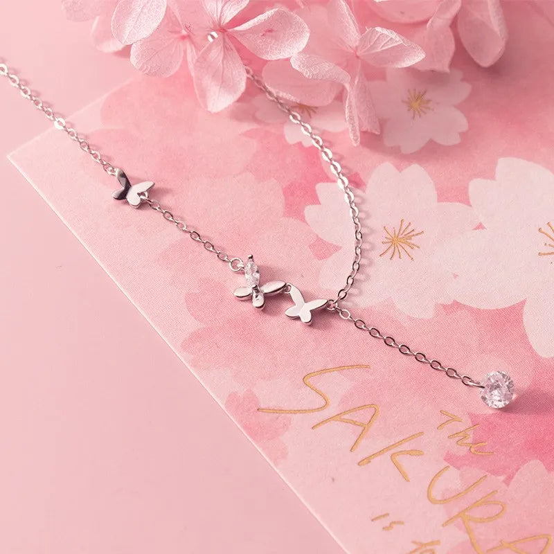 925 Sterling Silver Jewellery Small Butterfly Zircon Pendant Adjustable Chain Necklaces Fashion Jewelry for Women