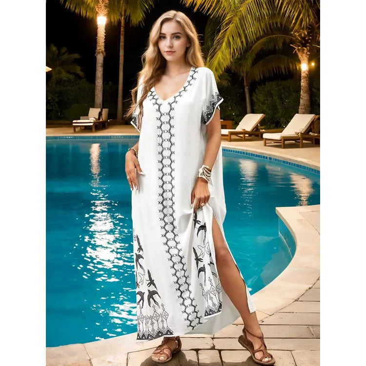 V neck split maxi dress custom logo Printed beach cardigan wholesale Bikini cover up factory directly