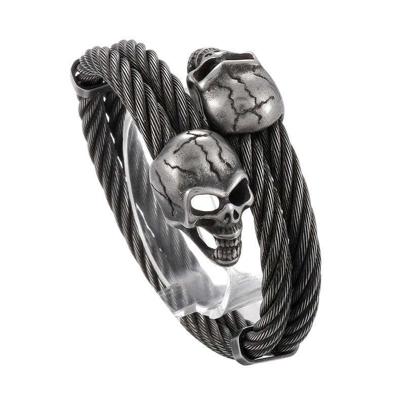KALEN Mens Punk Stainless Steel Scar Skull Charm Rope Open Bangle Bracelet