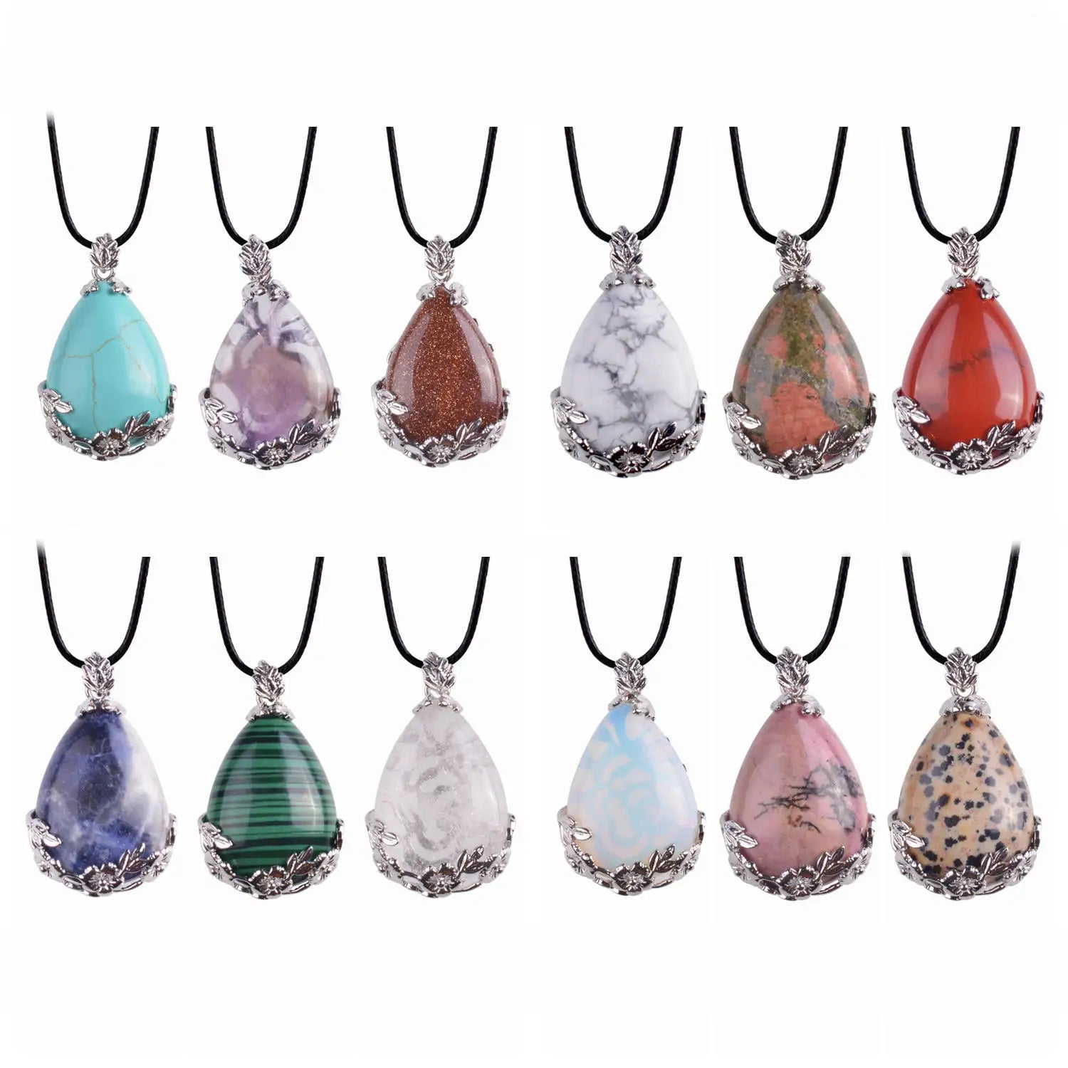 Silver Tone Large Teardrop Crystal Pendants Gold Plated Healing Quartz Charms Waterdrop Stone Necklace Jewelry with Chains