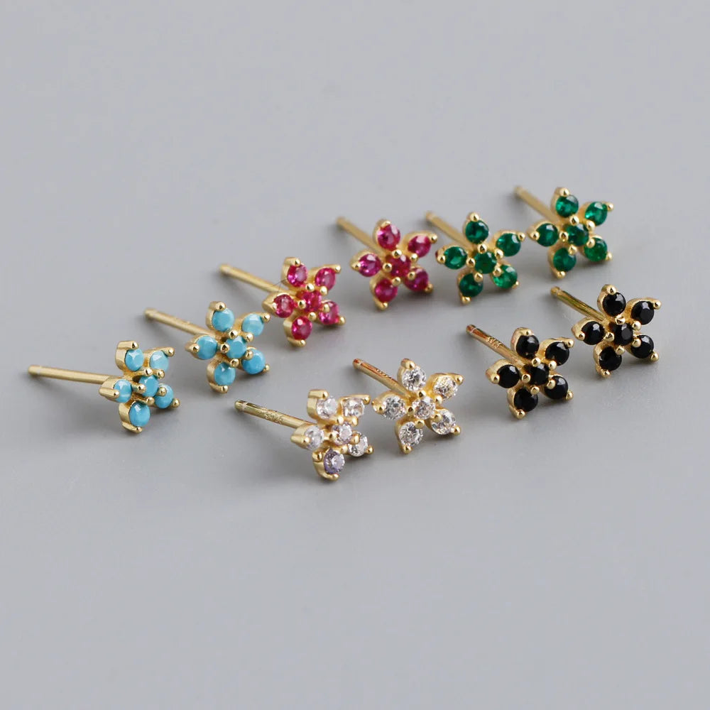 New Fashion Jewelry INS S925 Sterling Silver Colorful Zircon Flower Stud Earrings for Women EH1356