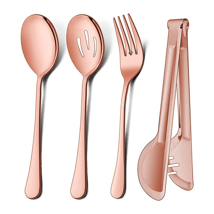 Wholesale Serving Spoons Forks and Tongs Stainless Steel Gold Catering Serving Spoons Set for Buffet