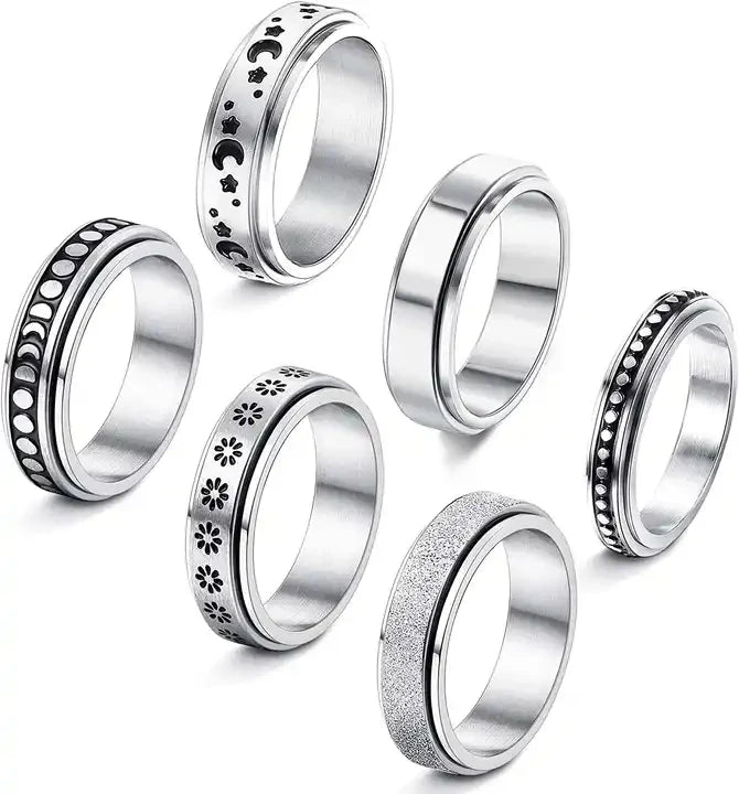 Classic Outer Engraved Cute Pattern Anxiety Ring Stainless Steel Spinner Fidget Ring for Women Men