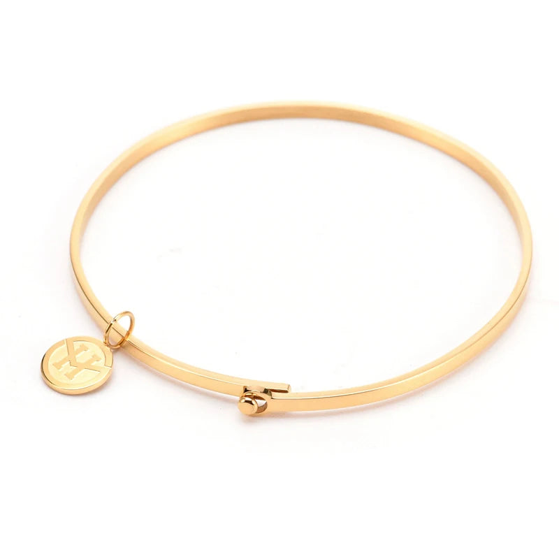 Simple Femme Customizable Women's Stainless Steel Round Disc Bracelet Engraved Logo Fashion Bangle