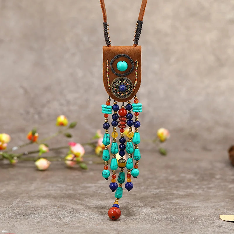 Tibetan Ethnic Leather Turquoise Pendant Necklace Bohemian Traditional Clothing Women Jewelry