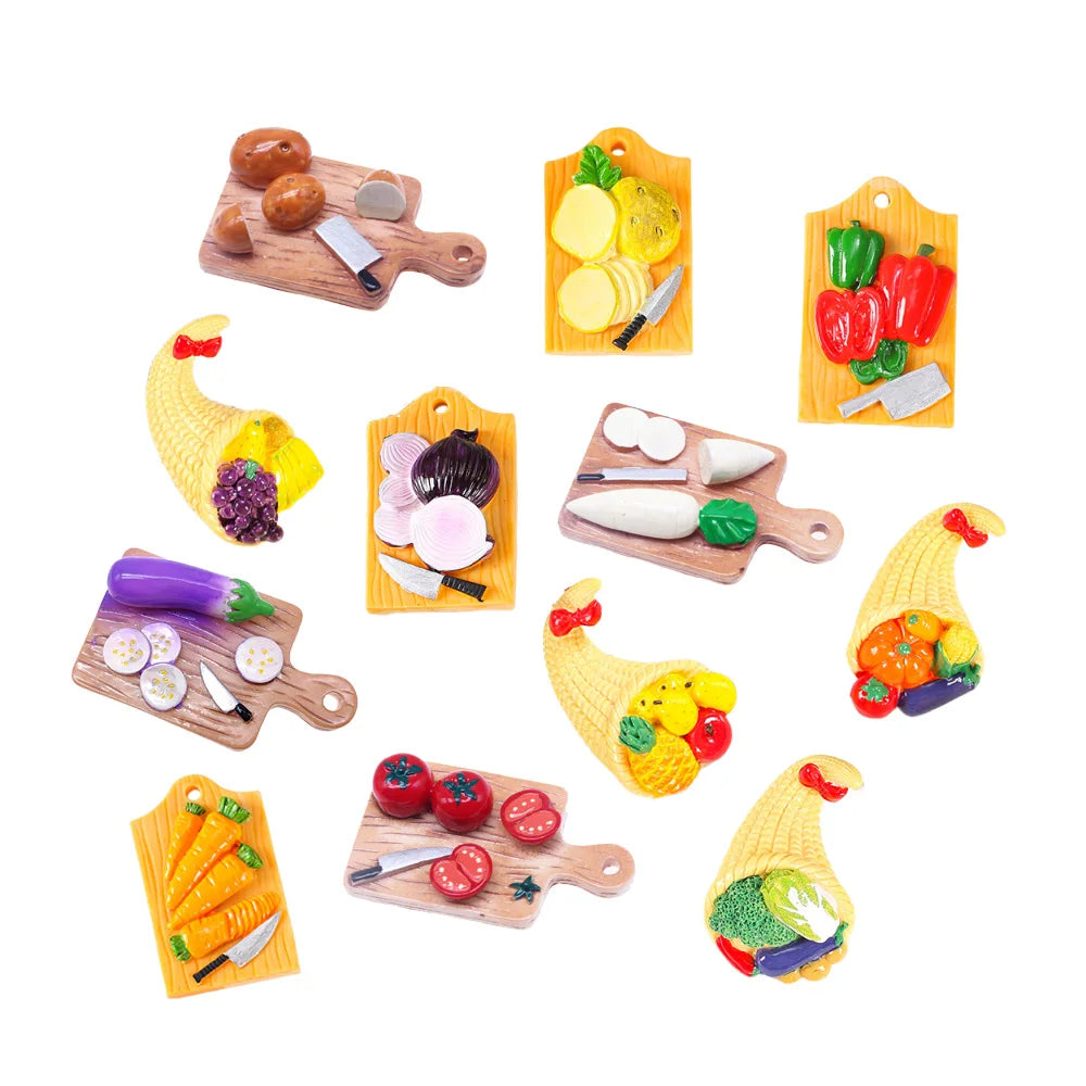 Creative Kitchen Theme Kids Dollhouse Play Diy Decorative Chopping Board Fruit Basket Design Flatback Large Resin Cabochon