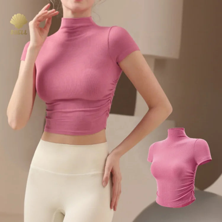 Cnshell Turtleneck Summer Cool Feel Crop Tops Sporty Push up Waist 2 Side Drawstring Soft Rib Short Sleeve High Collar T Shirt