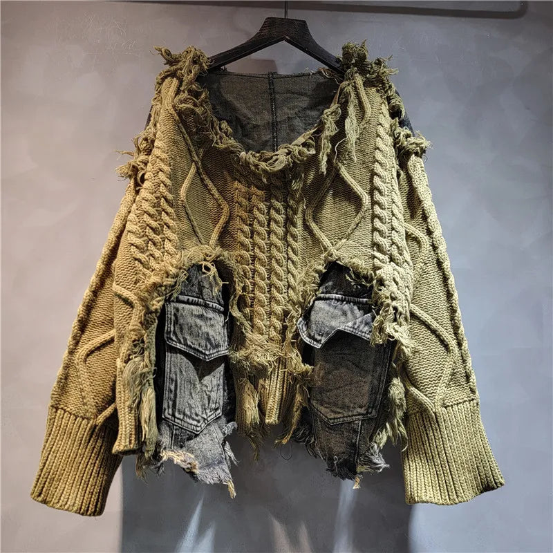 Spring Women Clothing Women Long Sleeve Patchwork Design Loose Sweater Top Knitted Tassel Women Casual Sweater