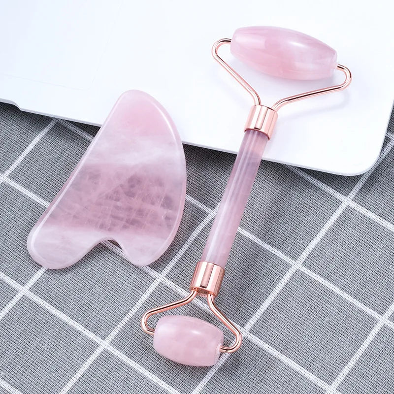 Rose Quartz Facial Jade Roller Gua Sha Tool Health Face Care Massage SPA Scraping Skin Massager Natural Crystals
