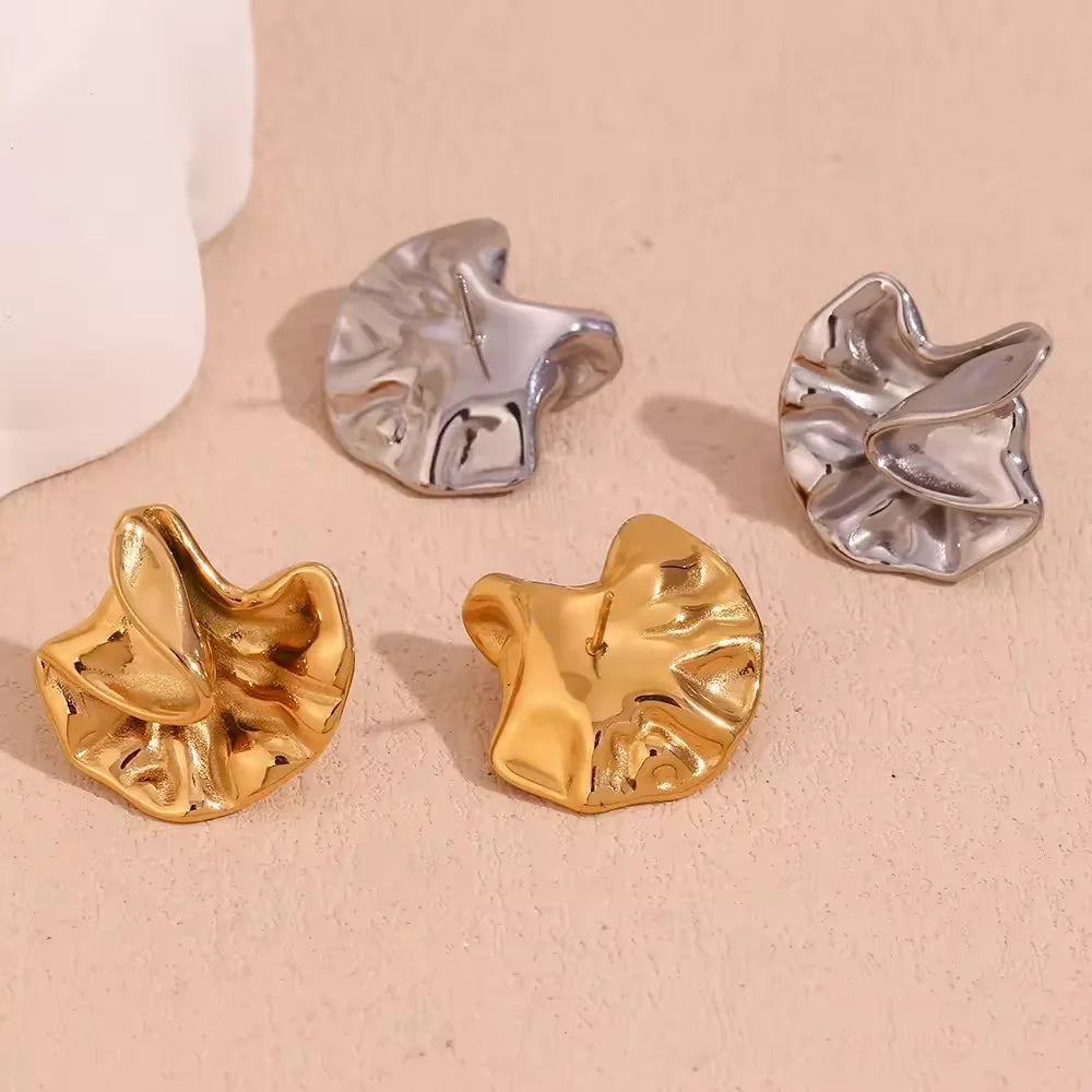Irregular Wrinkled Stainless Steel Stud Earrings 18K Gold Plated Women Elegant Charm Fashion Jewelry