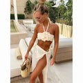 New 2024 Sexy Hot Girl Beige Color Sleeveless 3D Flower Bikini Halter Knit High Waist 3 Piece Swimsuit