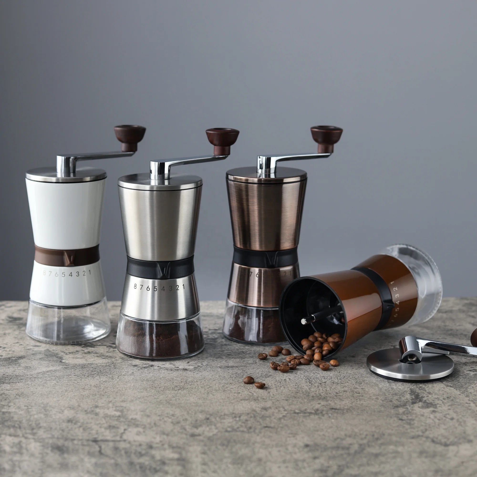 IF Award Patent logo Adjustable Hand Crank Manual Coffee Beans Grinder with Glass Bottle for Cafe Home Travel Camping Office