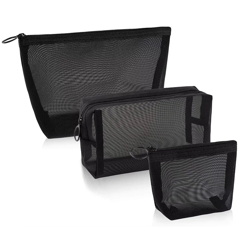 Black Nylon Mesh Makeup Zipper Pouch Toiletry Washing Bags for Travel Accessories