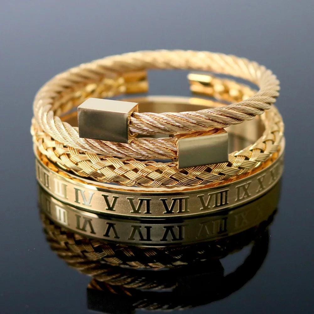 Custom Gold Geometric Stainless Steel Engraved Bracelets Set Classic Style Opening Rope Design for Weddings Parties and Gifts