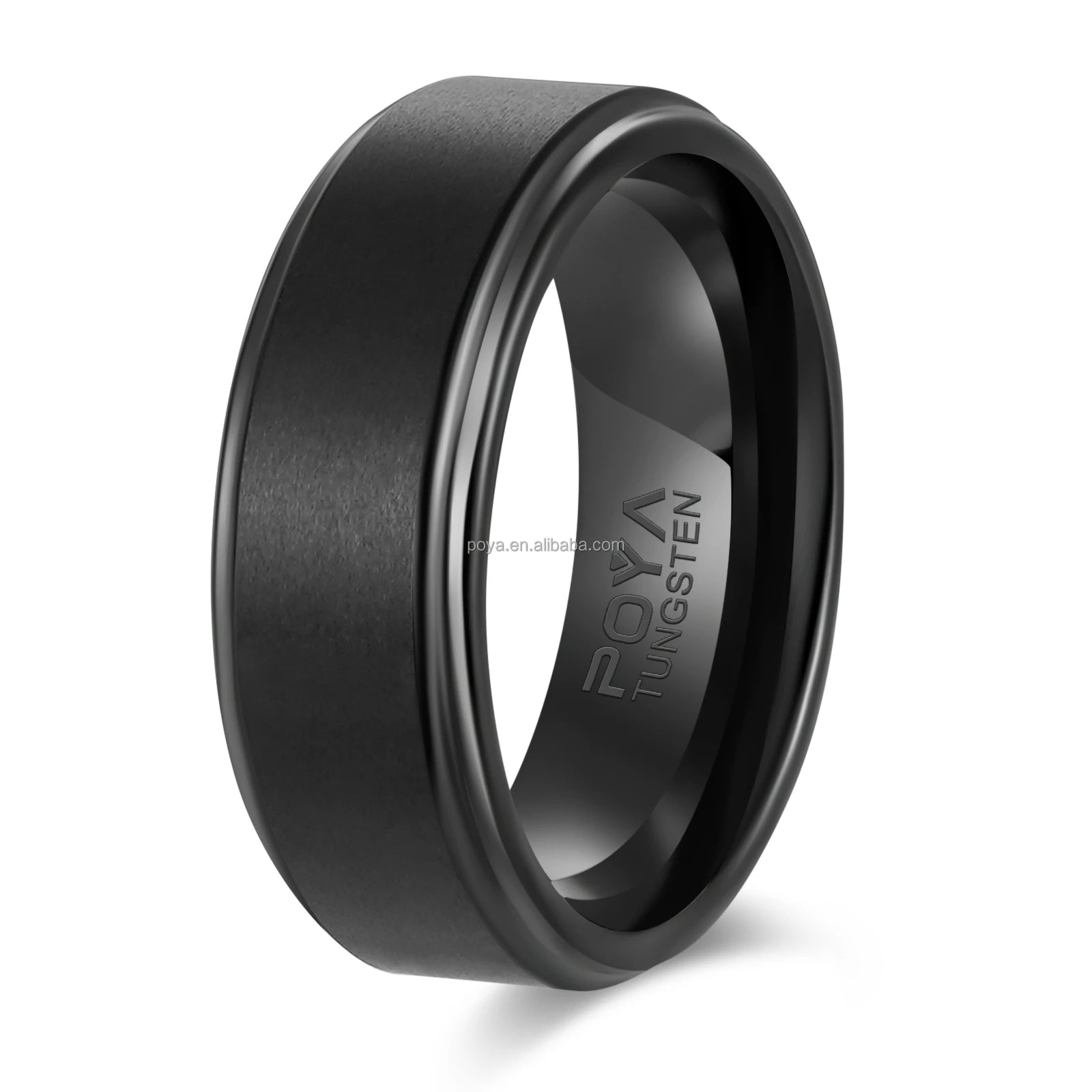 POYA 8mm Tungsten Wedding Ring Vintage Style Black Plated with Stepped Edges for Engagement & Gift