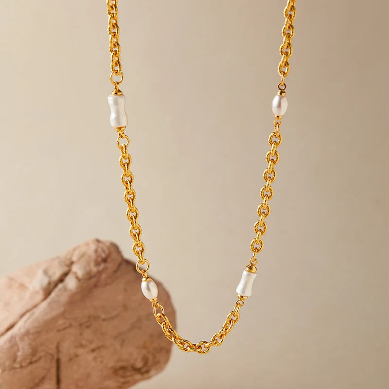 ORNAPEADIA 18K Gold Pearl Decoration Bohemia Chic Brass Figaro Chain Choker Necklace for Women's Party