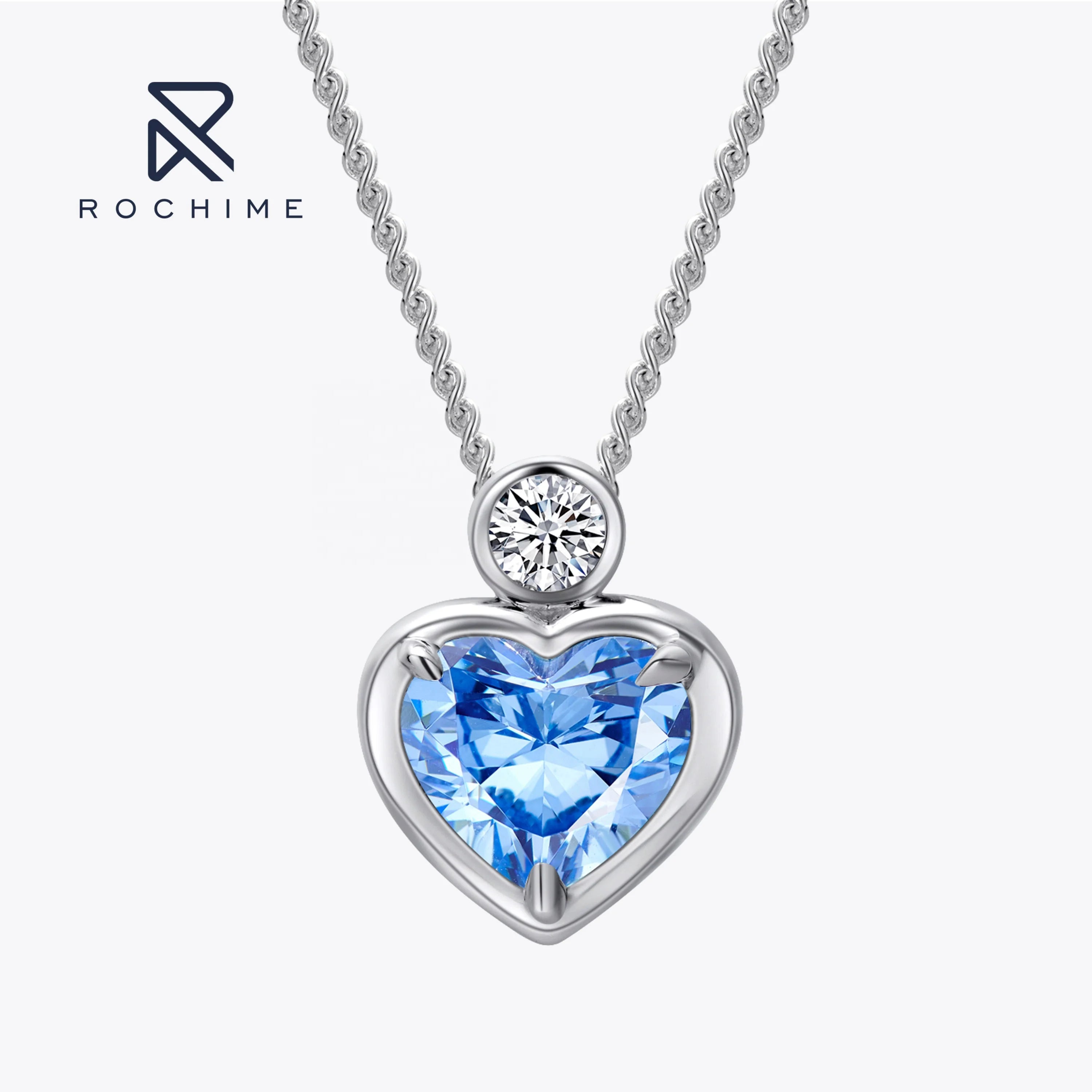Rochime Romantic Ocean Heart Blue Gemstone Diamond Necklace Silver 925 Necklaces Zircon Fashion Jewelry Necklace