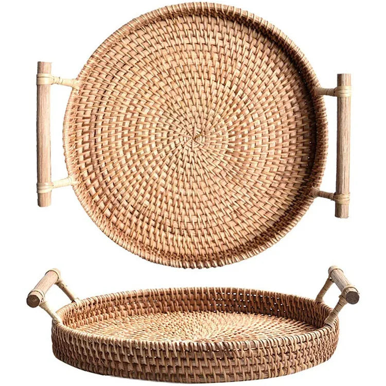 Hot Hand Made Smooth Brown Round Bread Basket Tea Woven Rattan Floating Tray for Serving Dinner Parties Coffee Breakfast