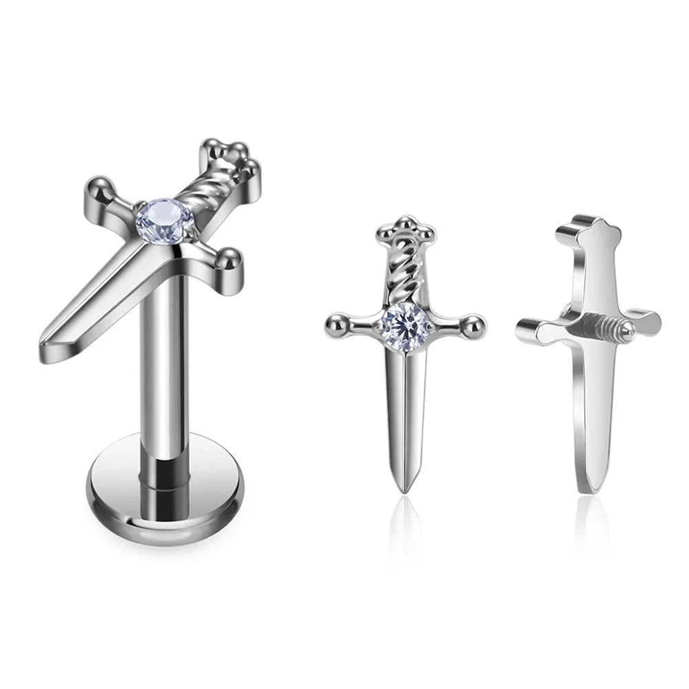G23 Titanium ASTM F136 Labret Lip Piercing Body Jewelry Stud Earrings for Women 16G CZ Stone Spiral Tragus Cartilage Earrings