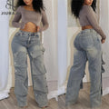 Detachable Snap Button Cutout Cargo Straight Denim Wide Leg Jeans Women Straight Pants 2024 INS Fashion New Trousers