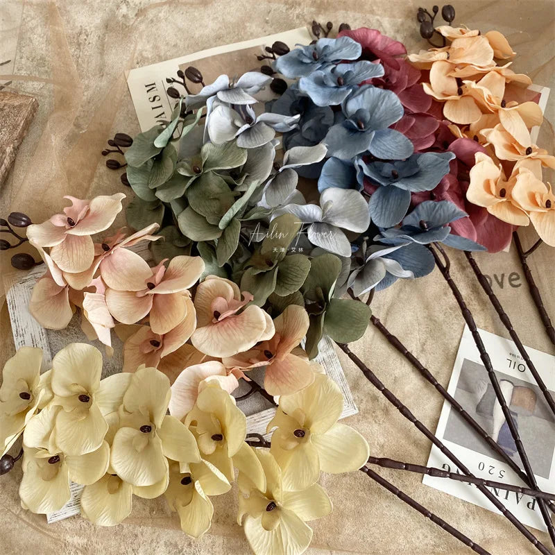 O-B008 Wholesale 9 Heads Silk Phalaenopsis Orchid Artificial Butterfly Orchid Flower Single Stems Black Brown Orchid Flower