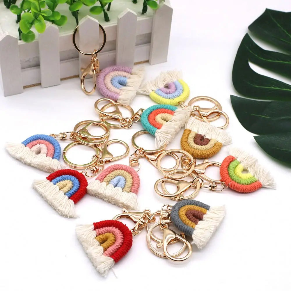 Boho Handmade Weaving Rainbow Plush Key Chain for Women Key Holder Macrame Keyring rainbow Keychain Car Bag Charm Girly Keychain