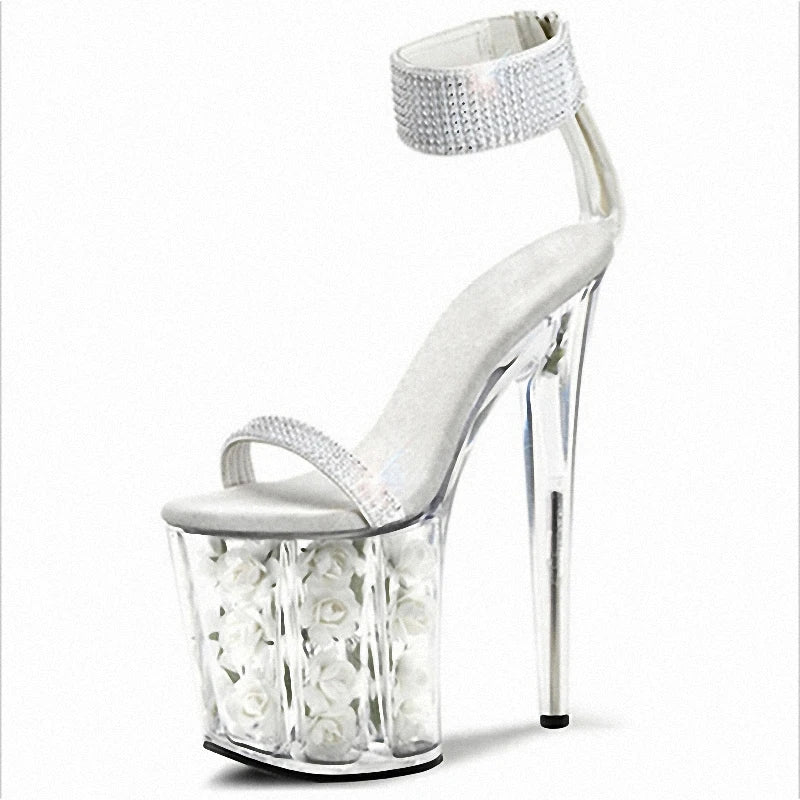 Nightclub Bride Transparent Platform Open Toe Flower Thin Heel 20cm Full Dress Pole Dance Model High Heels Summer Large Sandals