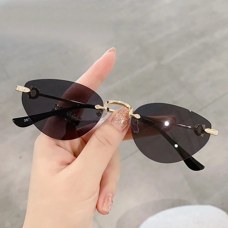 UNOC Frameless Metal Sunglasses European American Trendy Ocean Cat Eye Glasses Diamond Cut Unisex Sunglasses UV400 Protection