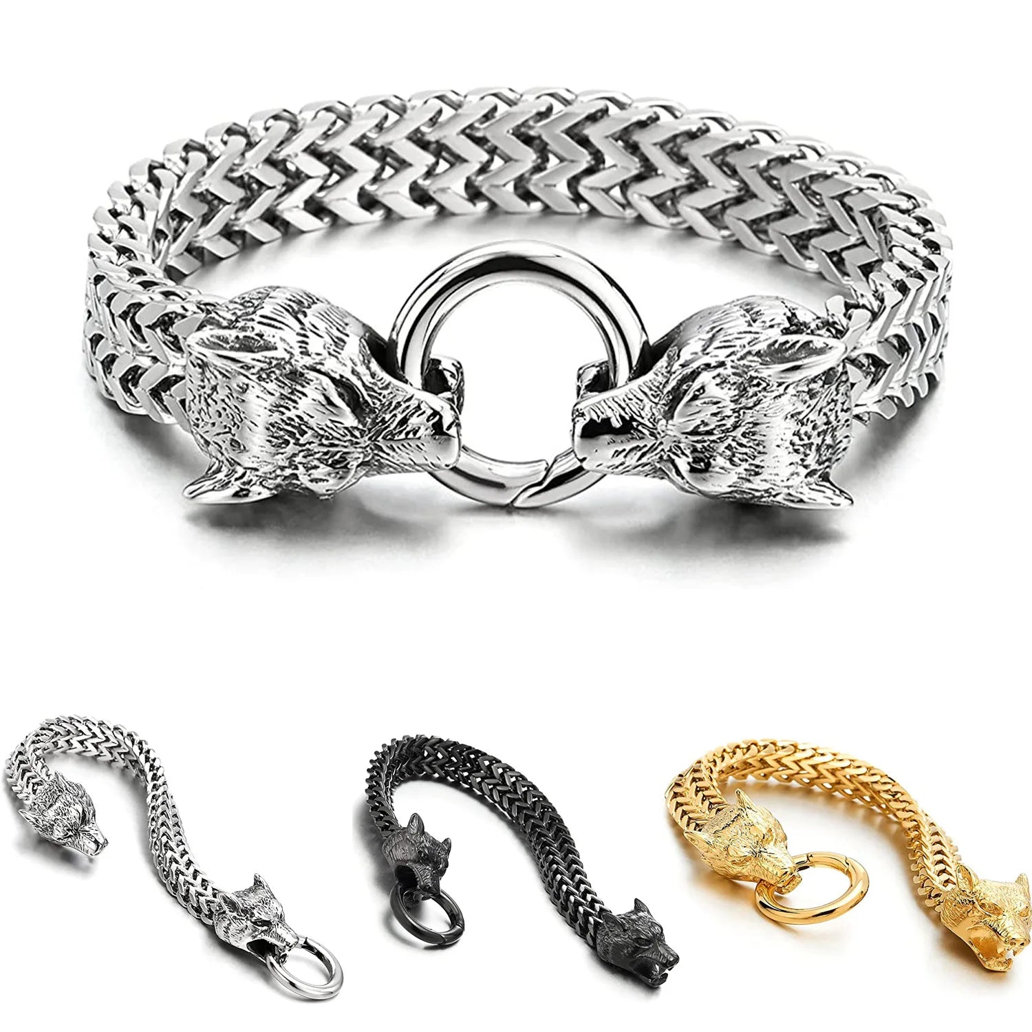 Punk Men's Jewelry Stainless Steel Nordic Viking Wolf Head Bracelet